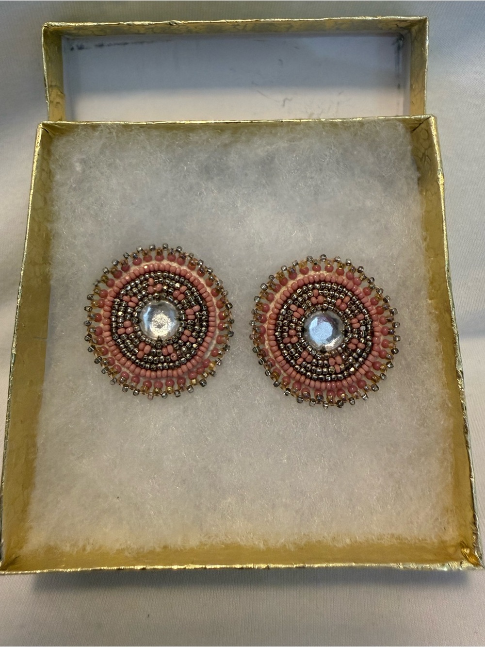 GUVC Handmade Pink Beaded Round Statement Stud Earrings with Center Crystal